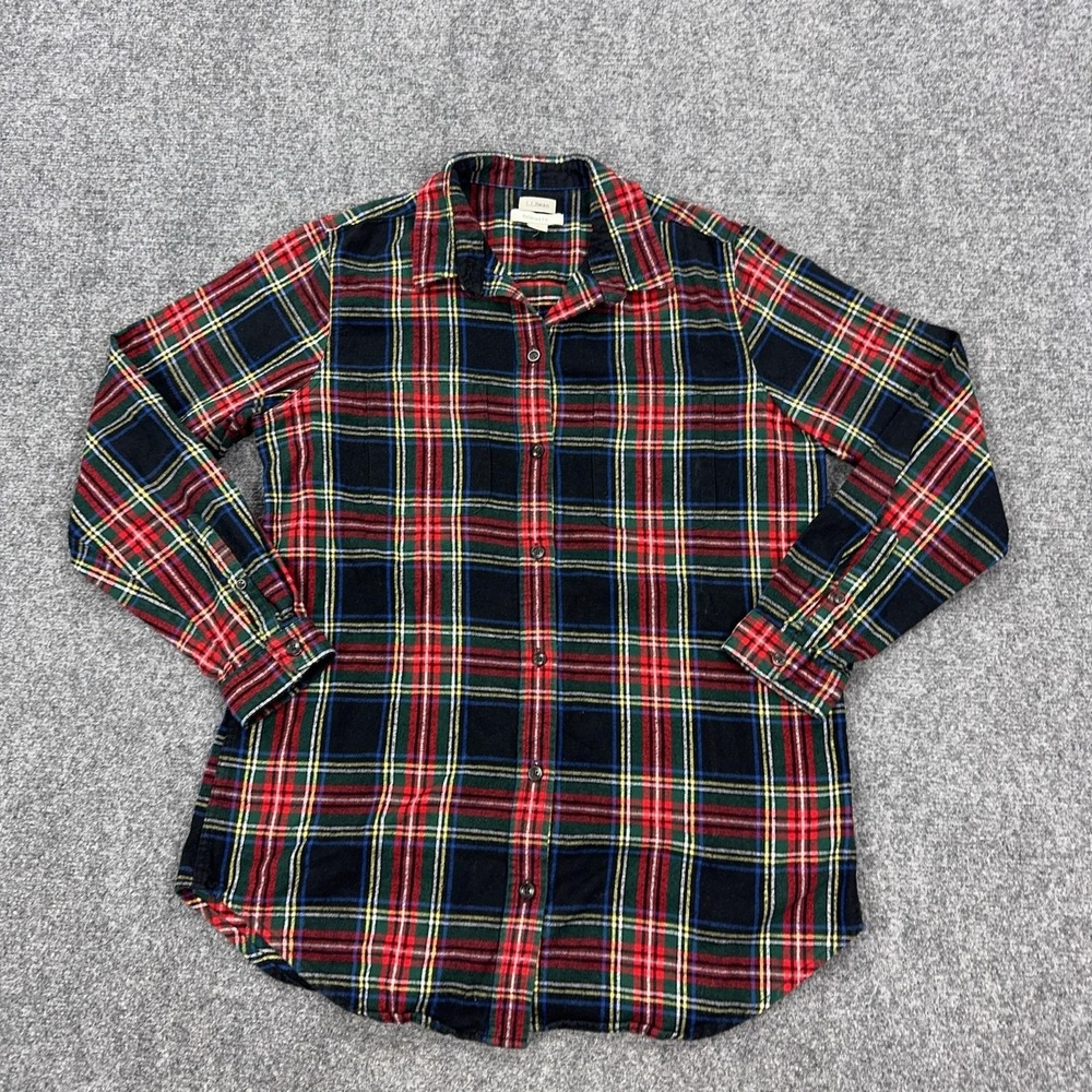 LL Bean Shirt Womens M Red Plaid Cotton Flannel Button Front Casual